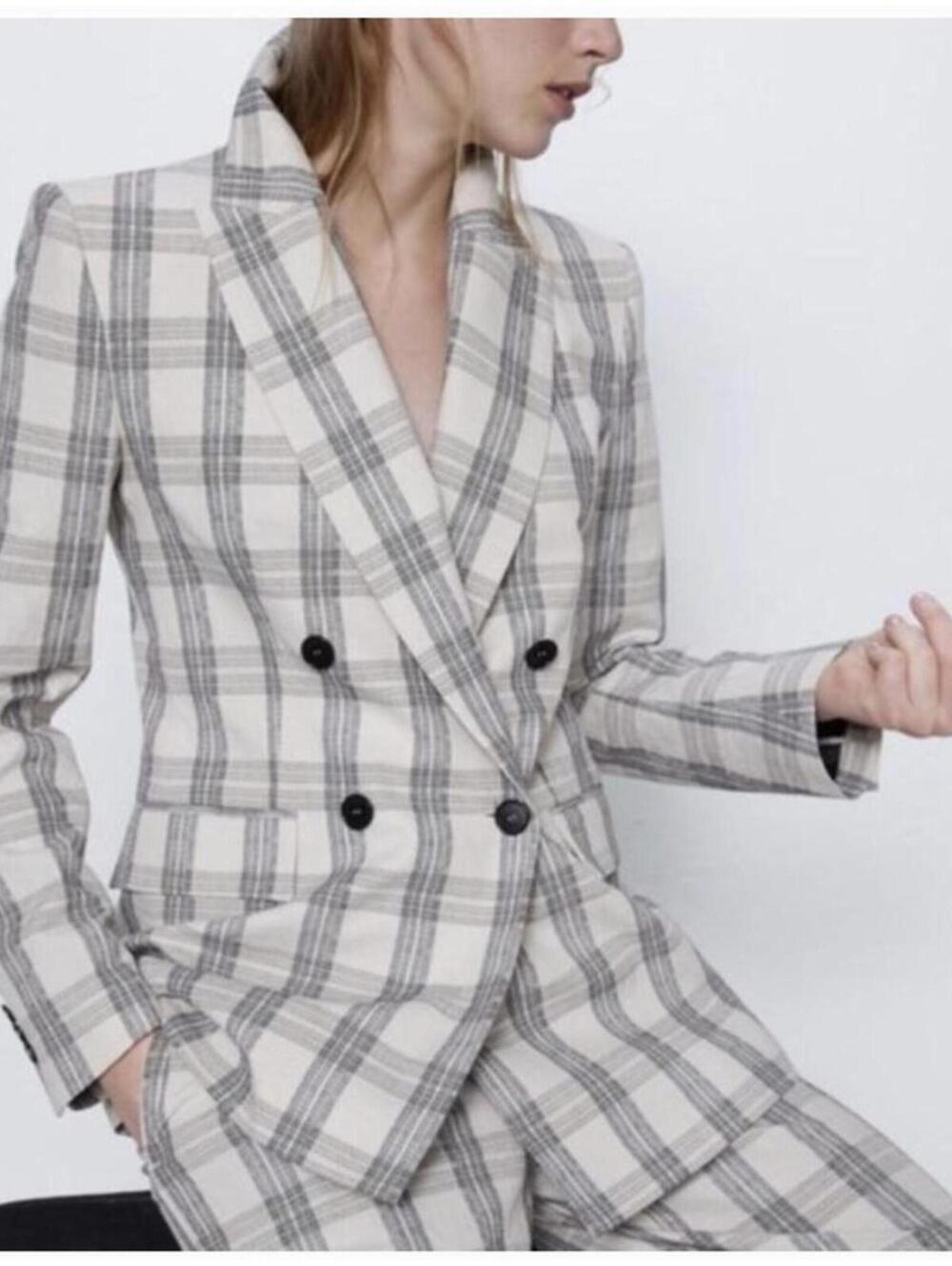ZARA Plaid Double-Breasted Blazer | Oversized Check Jacket | 70s Revival Size S
